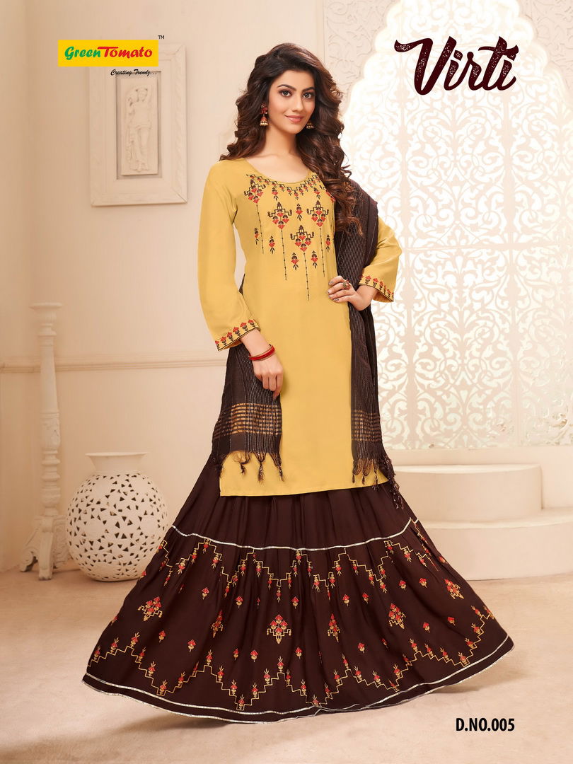 Master Virti Designer Latest Heavy Rayon Top With Embroidery Work Kurti With Skirt And Fancy Dupatta Collection
